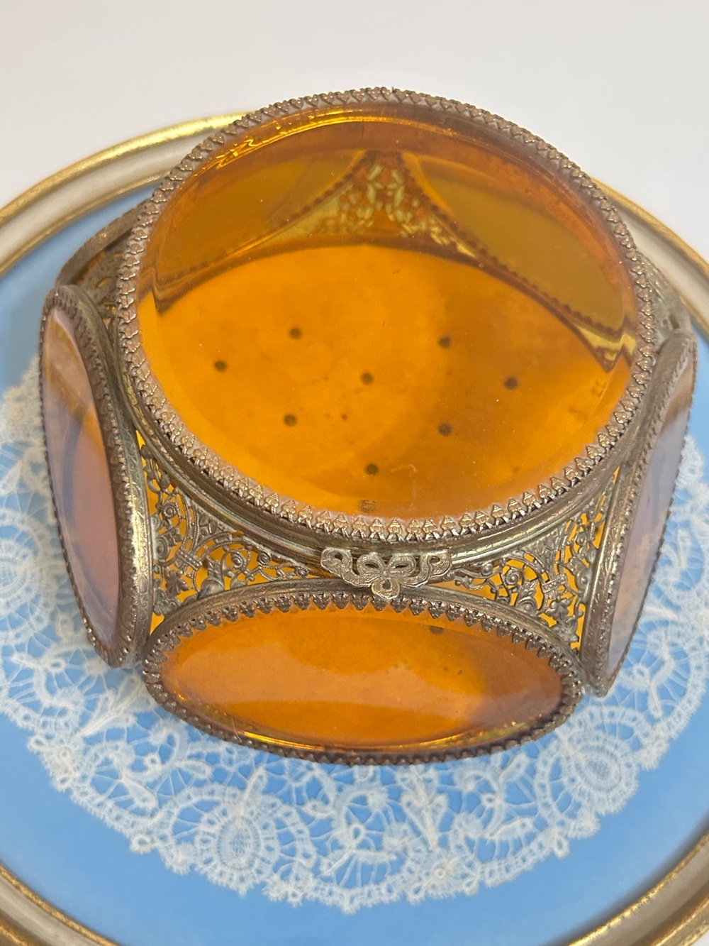 Antique Amber Beveled Glass Ormolu Glass Jewelry Casket Dresser Box